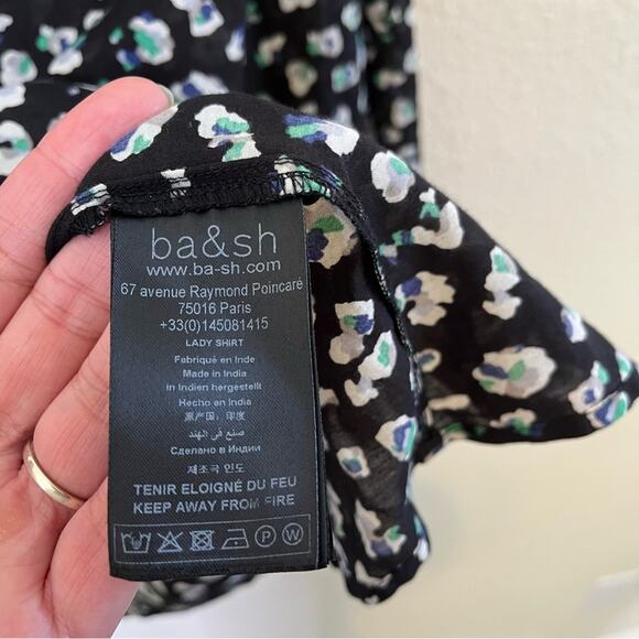 BA&SH Blake Black Leopard Printed Blouse Long Sleeve Cotton Button Front Top S - Picture 9 of 10